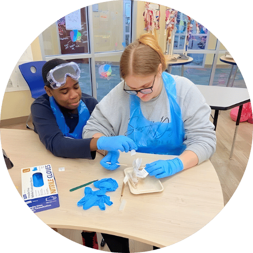 Students working on science project in class