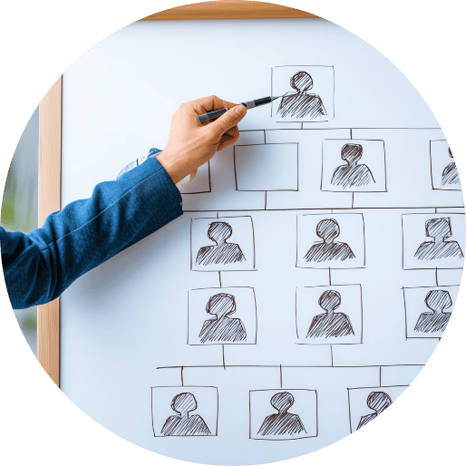 Person pointing to organization chart on board